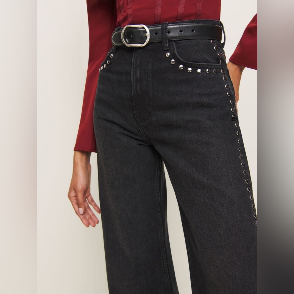 Reformation Black Stud-Trim Wide-Leg Jeans - Picture 4 of 14